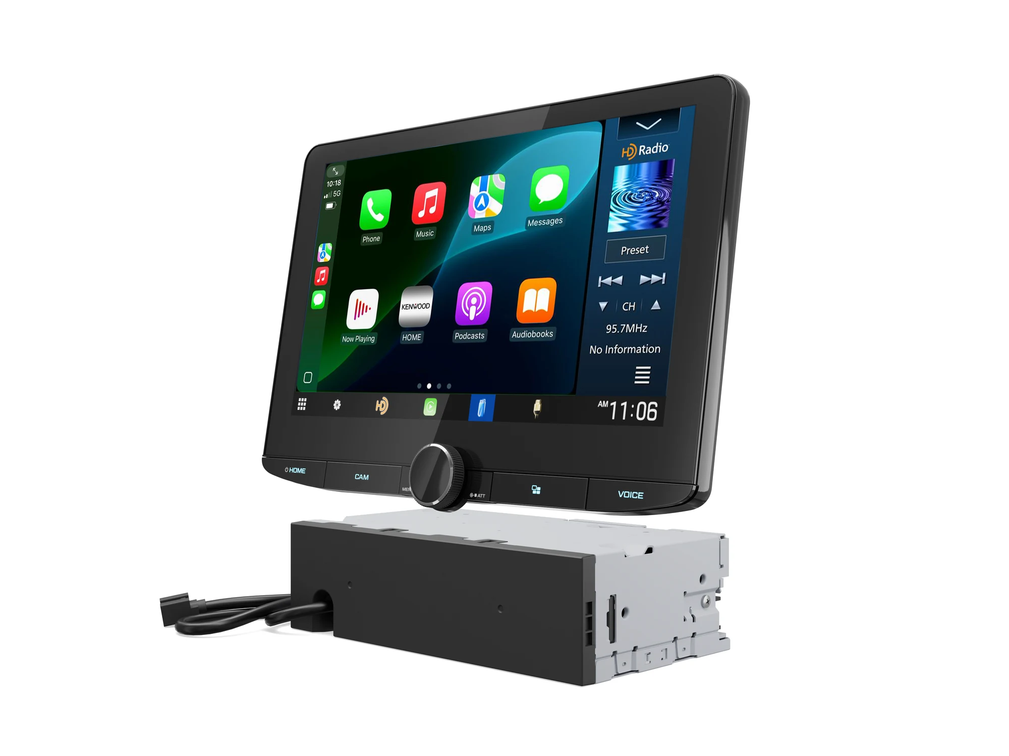 Kenwood DAX1050XR 10.1-inch receiver showing Apple CarPlay with its separate 1-DIN chassis