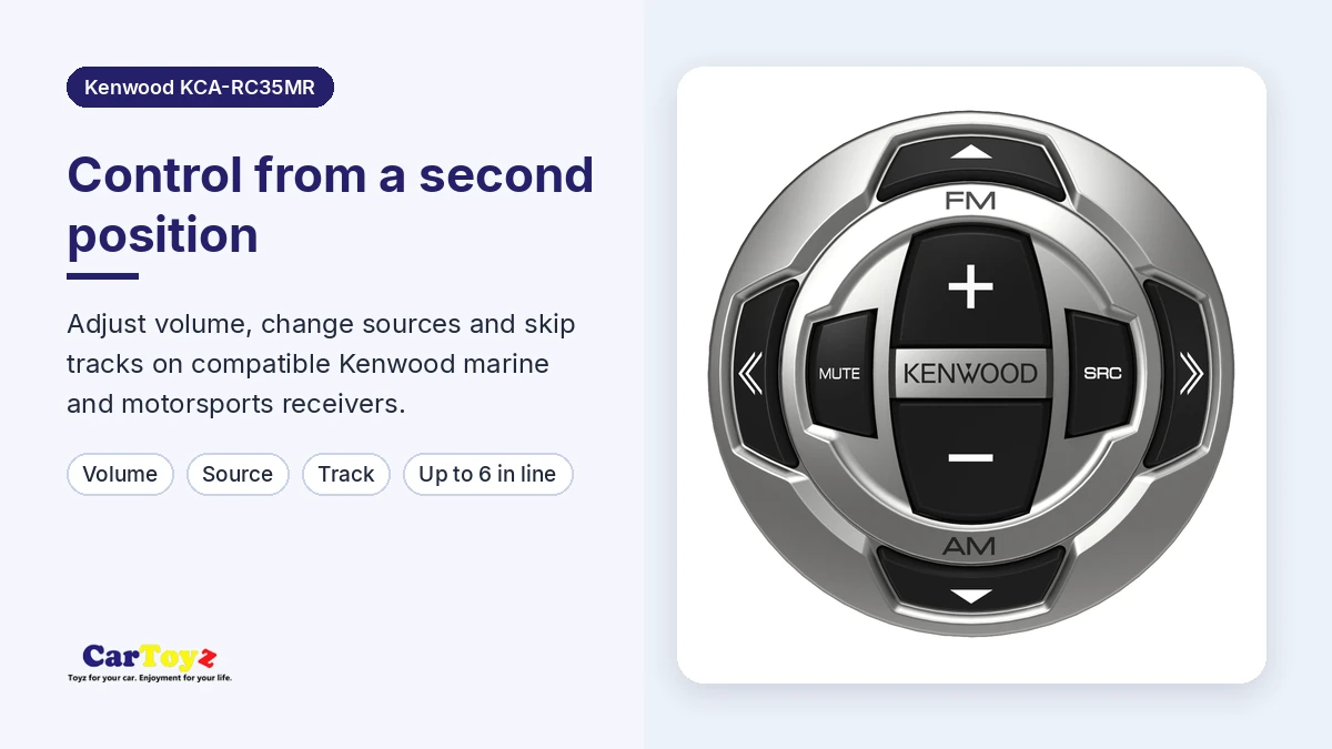 Kenwood KCA-RC35MR graphic: volume, source and track control, up to six remotes in line