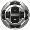 Front view of the Kenwood KCA-RC35MR round marine remote with silver bezel and black keys
