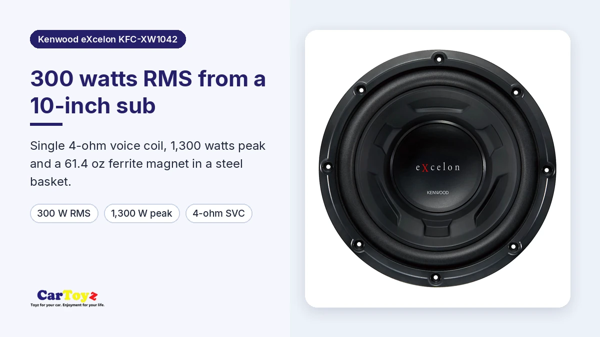 Kenwood KFC-XW1042 graphic showing 300 watts RMS, 1,300 watts peak and a single 4-ohm voice coil