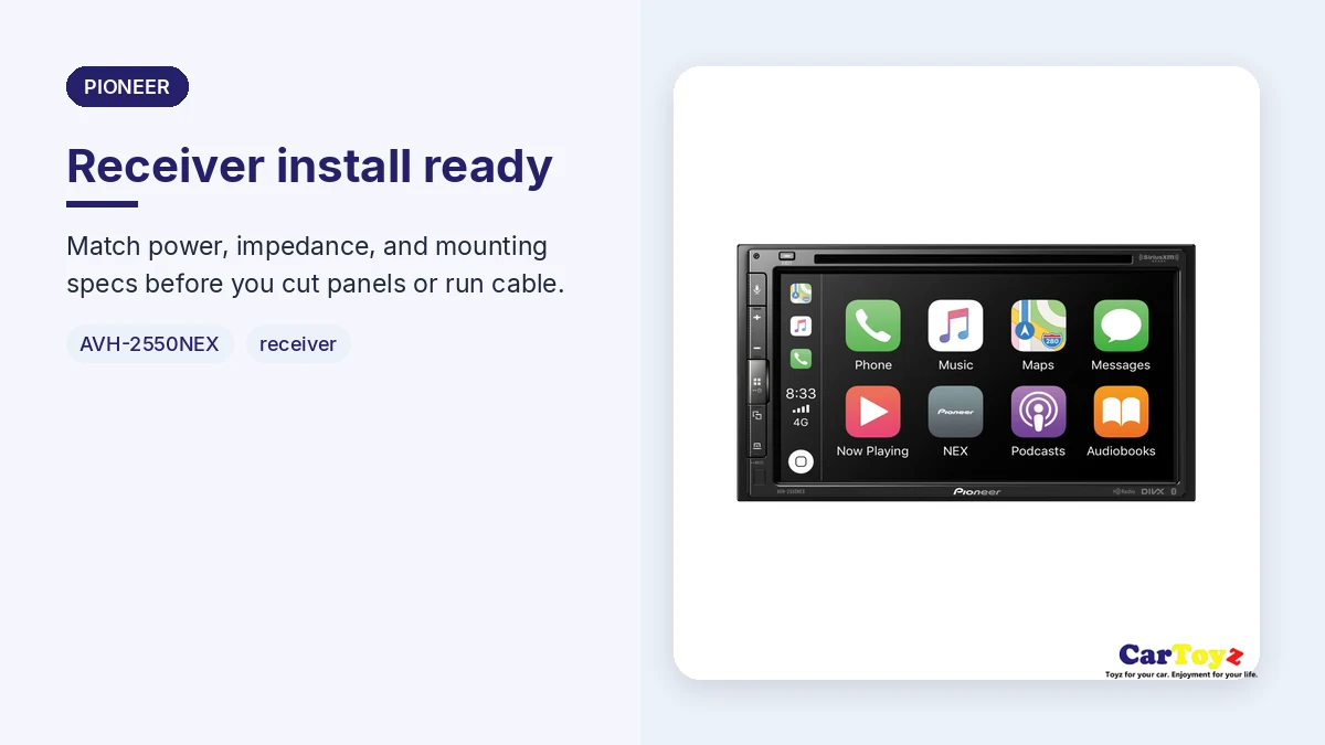 Pioneer AVH-2550NEX graphic: HD Radio, 4V six-channel preouts, and Maestro ready