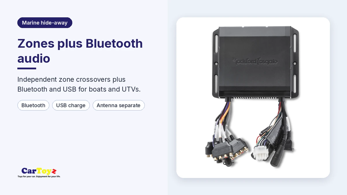 Rockford Fosgate PMX-8BB graphic: multi-zone Bluetooth and USB connectivity