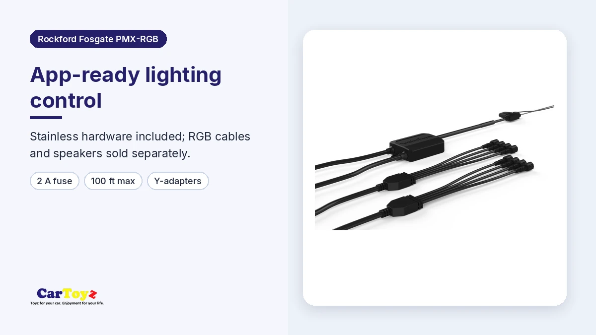 Rockford Fosgate PMX-RGB graphic: 9-24 VDC operation with RF Connect app