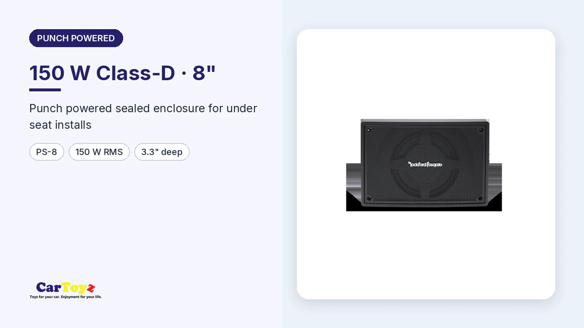 Rockford Fosgate PS-8 graphic: Punch 8-inch 150 W Class-D powered sealed enclosure