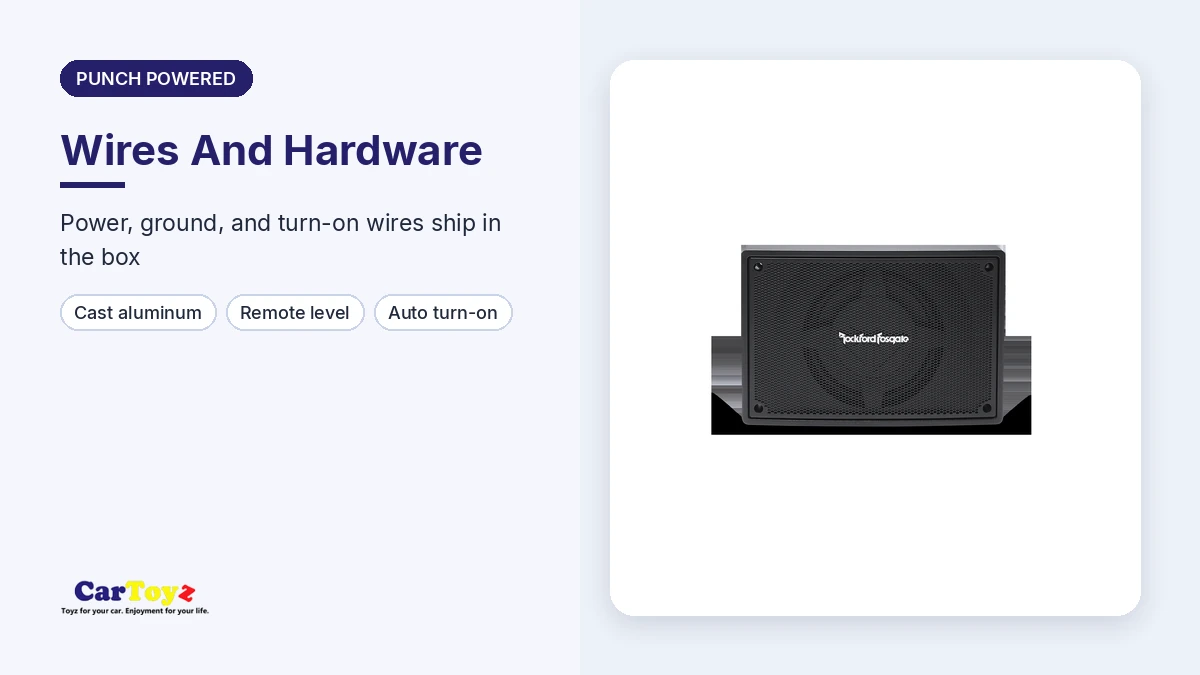 Rockford Fosgate PS-8 graphic: 3.3-inch depth with included power wires