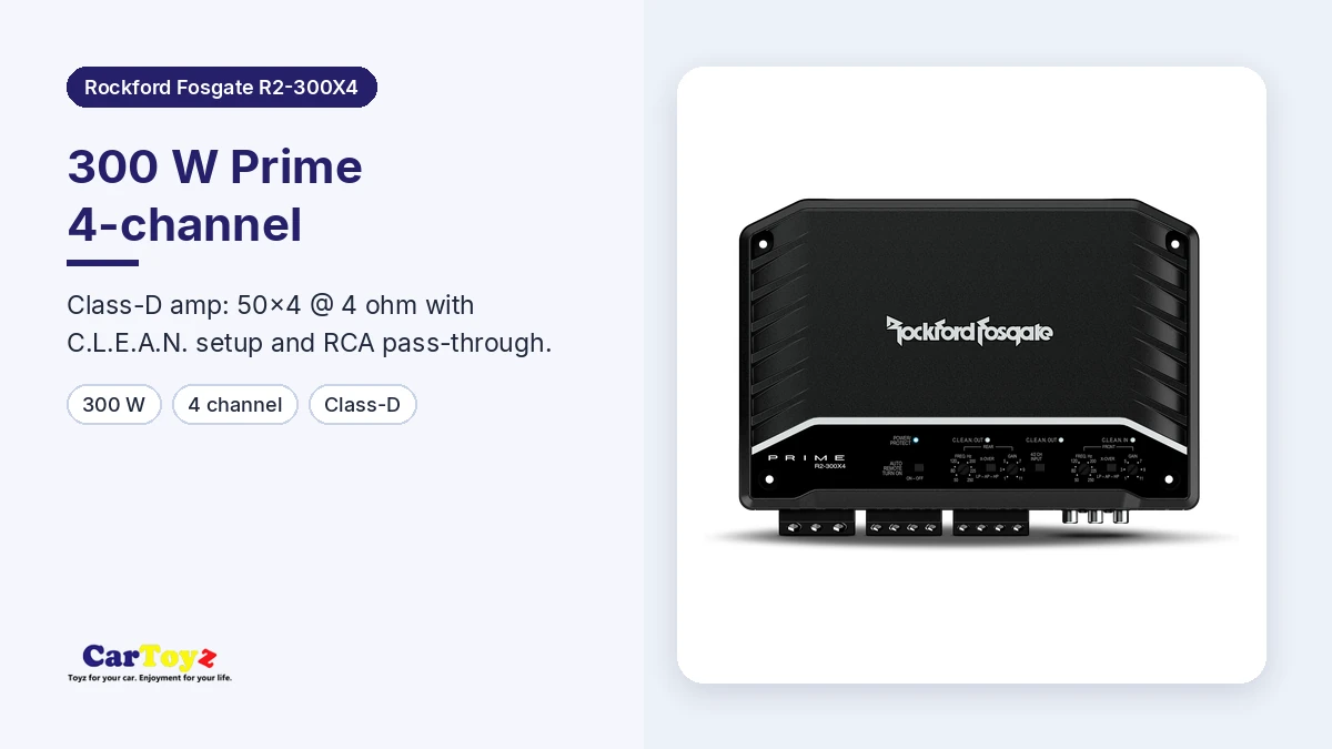 Rockford Fosgate R2-300X4 graphic: 300 W Prime 4-channel Class-D amplifier