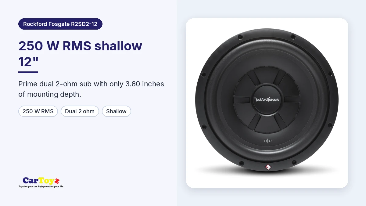 Rockford Fosgate R2SD2-12 graphic: 250 W RMS Prime shallow 12-inch dual 2-ohm sub